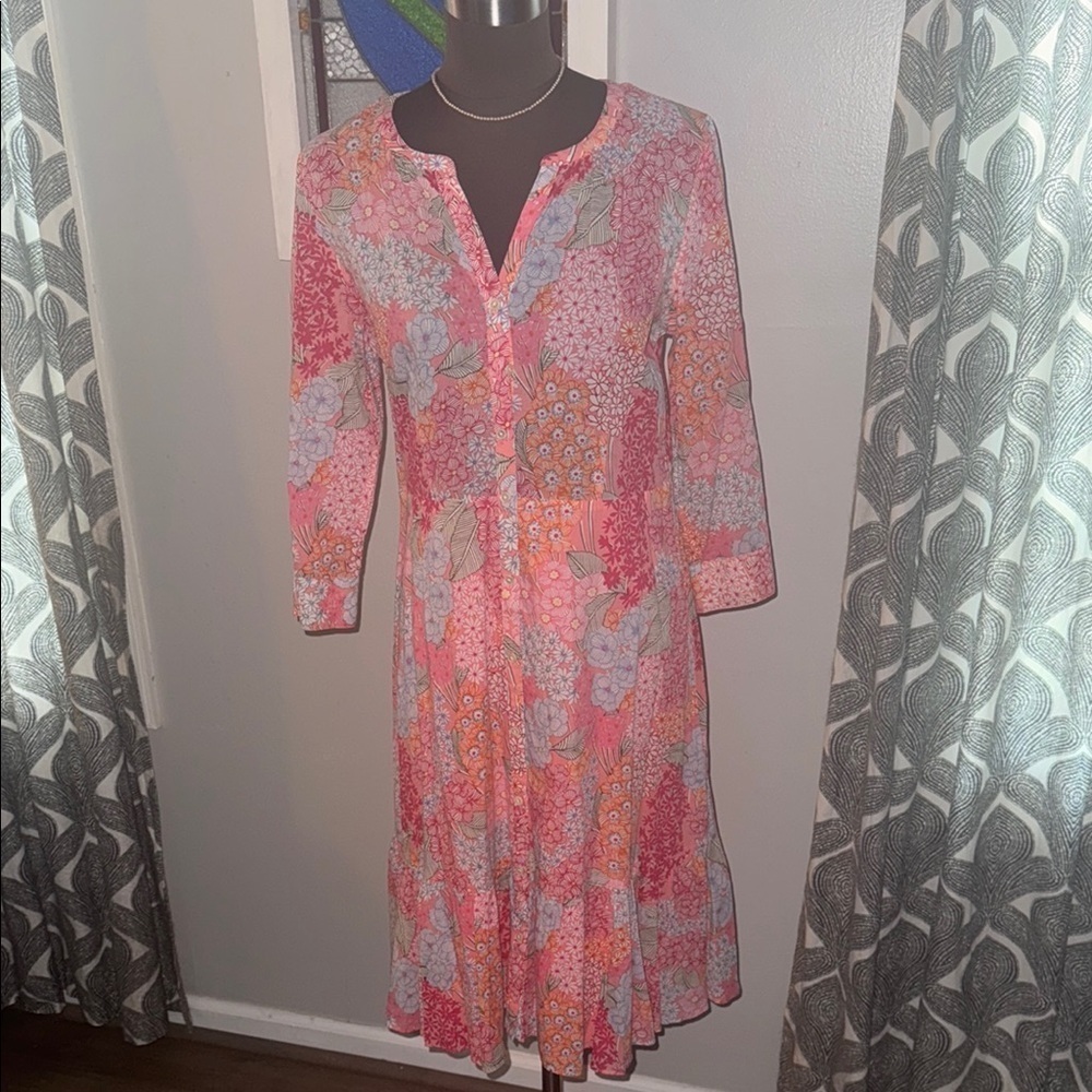 Talbots Pink Floral 100% Cotton Shirt Dress SZ 4 - Picture 2 of 9